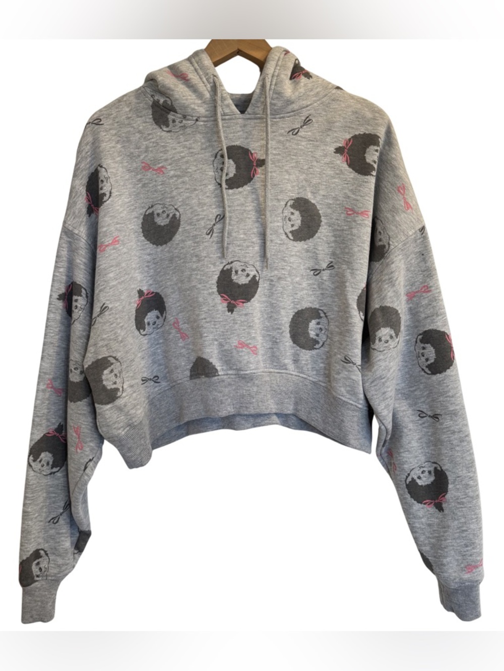 Monchhichi Cropped Hoodie Gray All Over Print Kawaii Y2K Sweatshirt Size M
